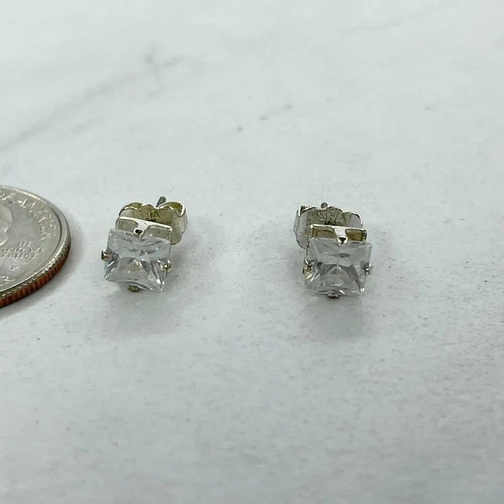 SHA Signed Silver Tone Clear Square Rhinestone Earrings Pierced Pair
